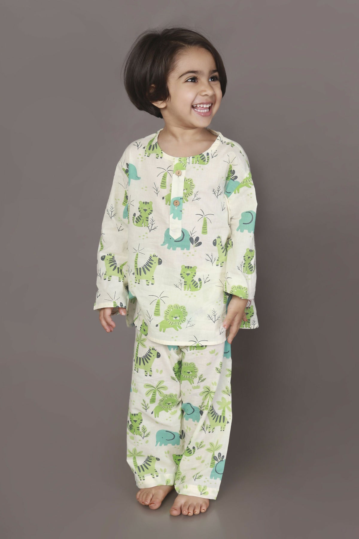 Breathables White Blue-Green Animal Cotton Nightsuit | Boys & Girls Kids | Grocsy
