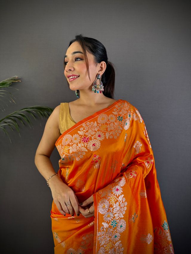 Elora Orange Soft Silk Floral Zari Weaving Meenakari Saree With Floral Border | Grocsy