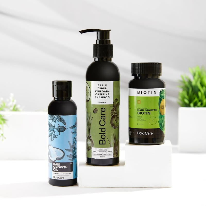 Bold Care DHT Blocker Shampoo + Hair Growth Oil + Biotin Supplements Combo | Grocsy