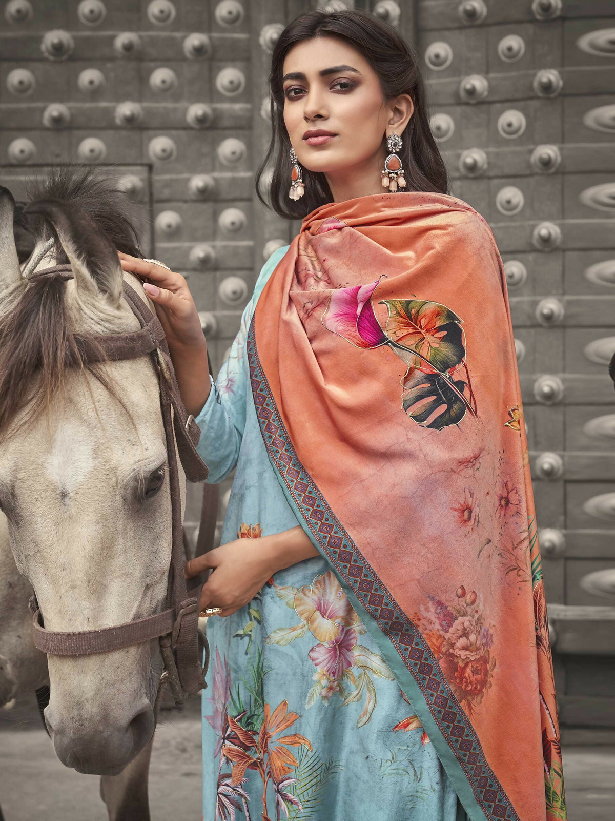Jyoti Fashion Women's Sky Blue Velvet Floral Digital Printed Kurta with Trouser & Dupatta | Grocsy