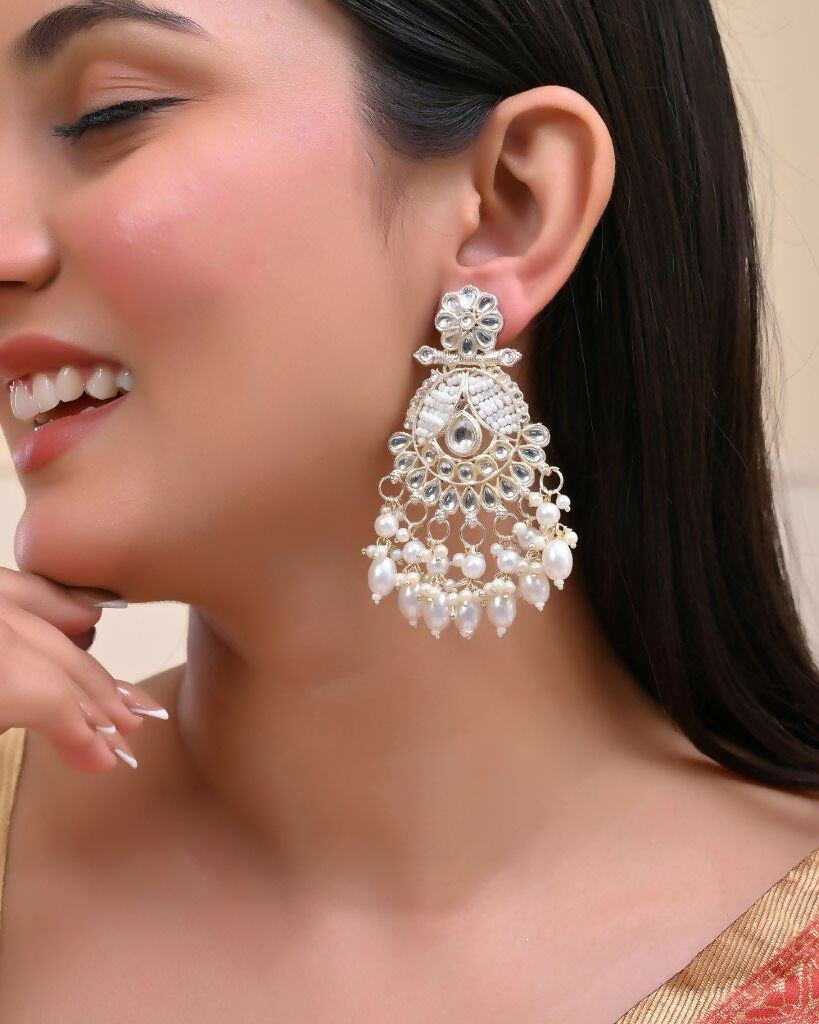 VOJ Gold-Polished Stone Studded Drop Earrings