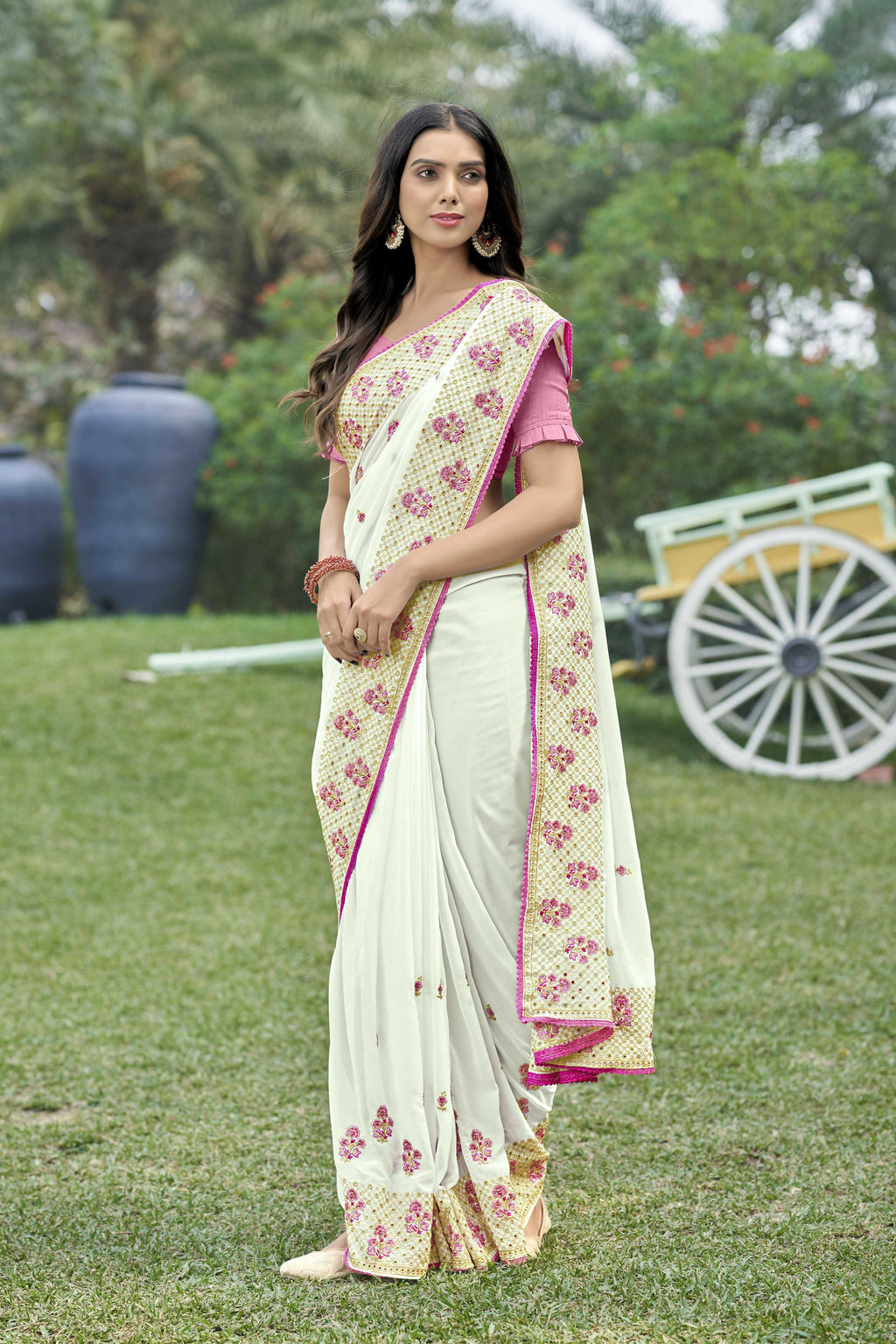 Vamsee Rashmika 2.0 White Georgette Silk Saree | Grocsy