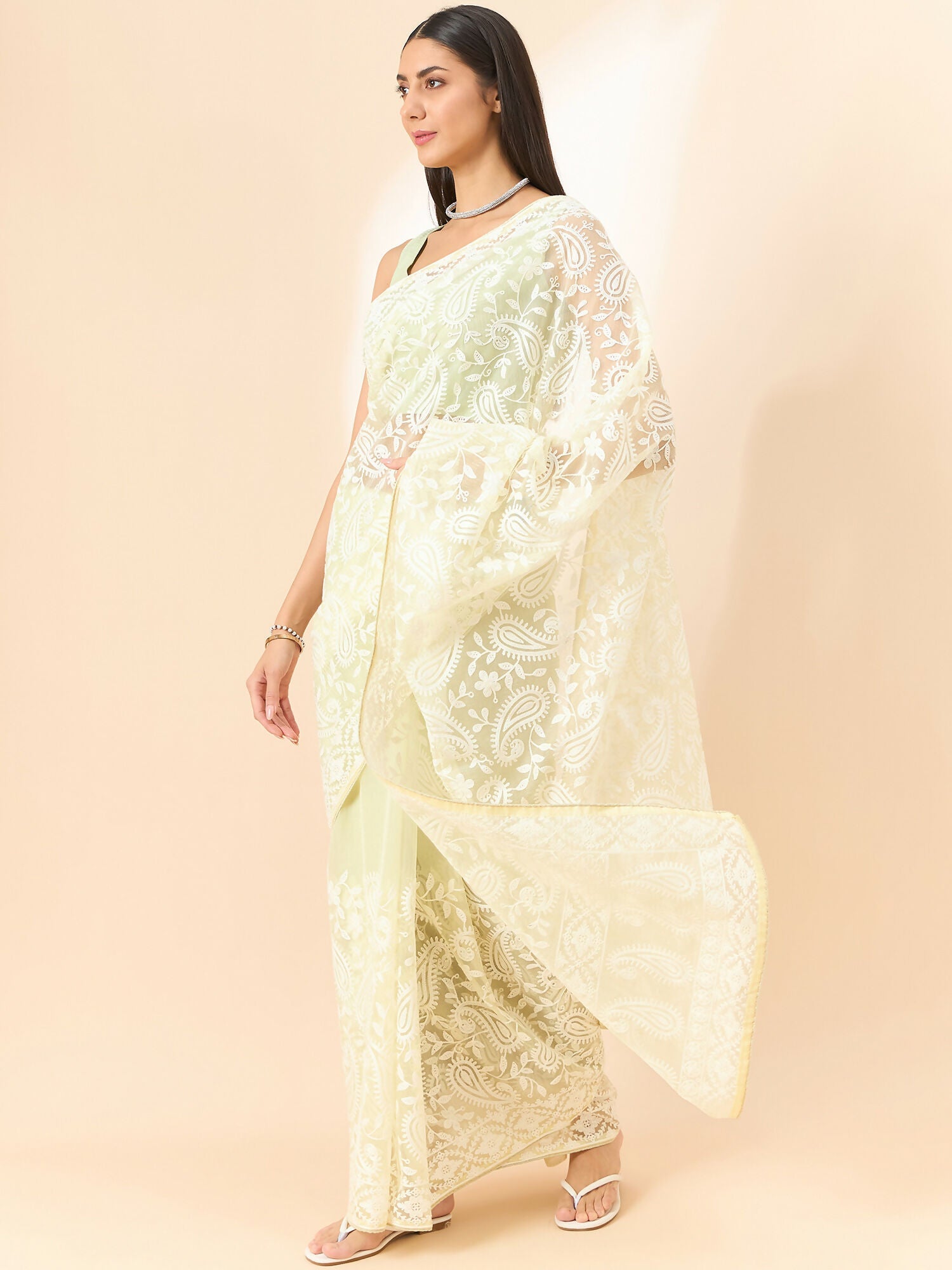 Yellow Organza Paisely Embroidered Saree with Unstitched Blouse Piece - Roozal | Grocsy