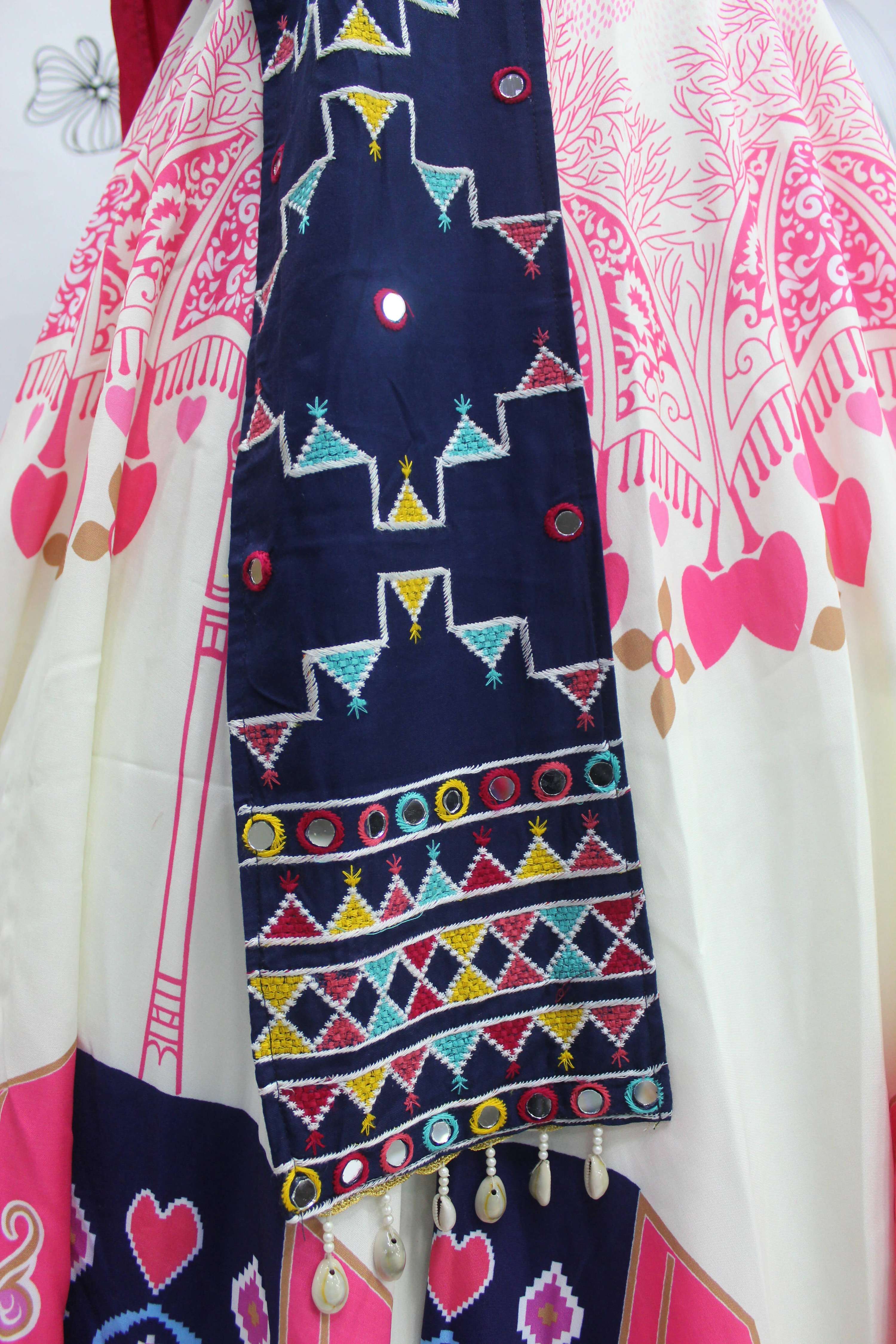 White Rayon Thread Embroidered Navratri Lehenga Choli with Dupatta - Raas | Grocsy
