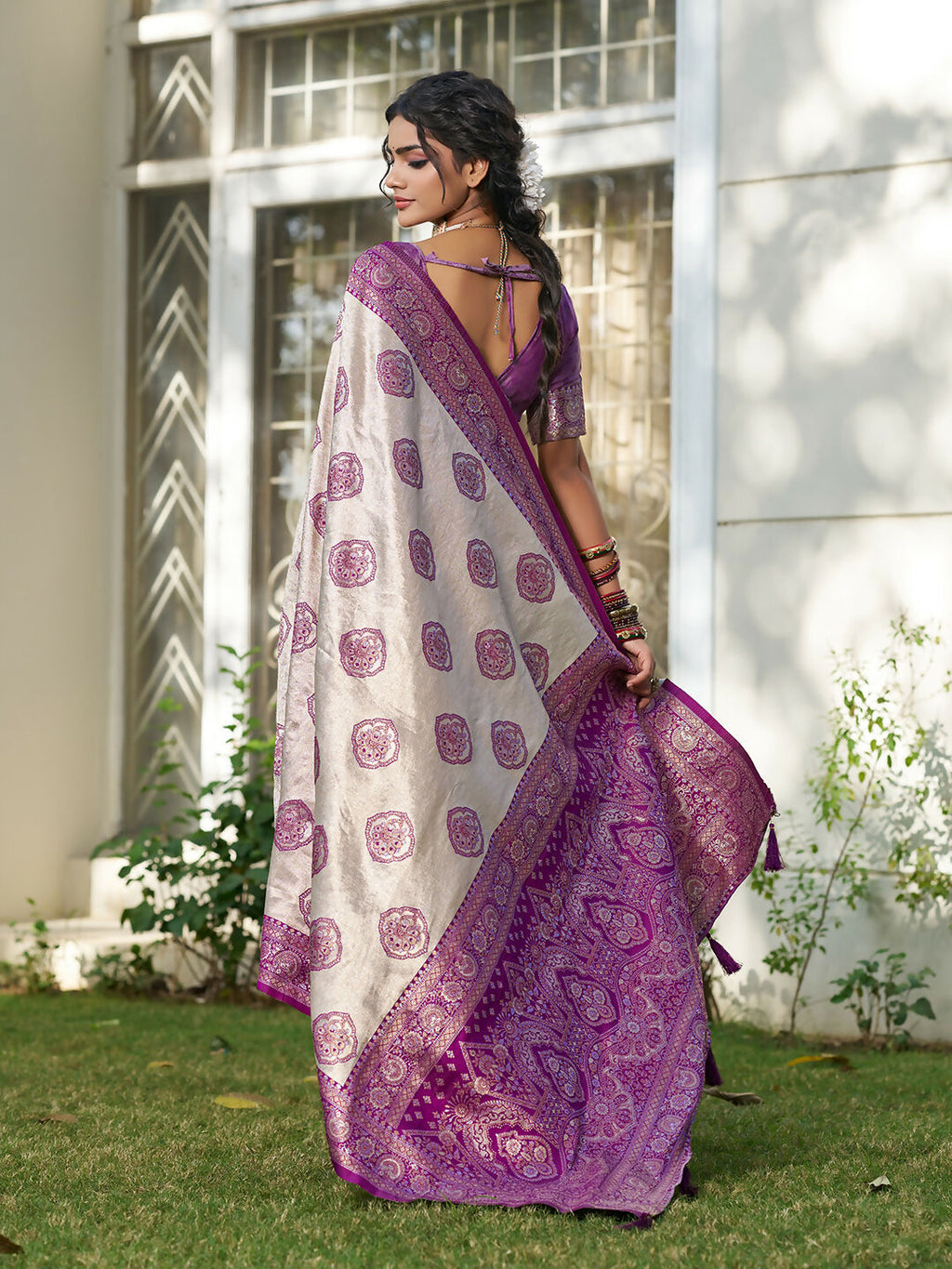 Shree Shyam Fashion Cream With Purple Silk Blend Saree | Grocsy