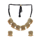 Mominos Fashion Oxidised Lotus Design Golden Color Necklace Choker Set