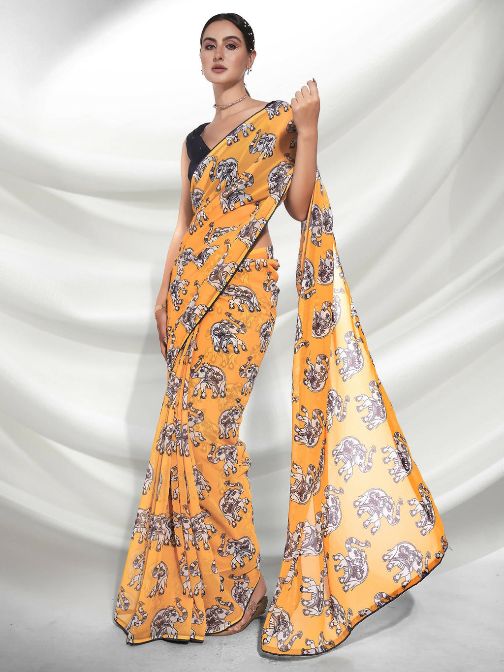 Yellow Georgette Animal Printed Saree With Unstitched Blouse Piece - Rajal | Grocsy