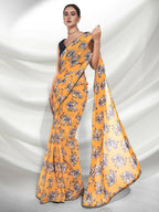 Yellow Georgette Animal Printed Saree With Unstitched Blouse Piece - Rajal | Grocsy