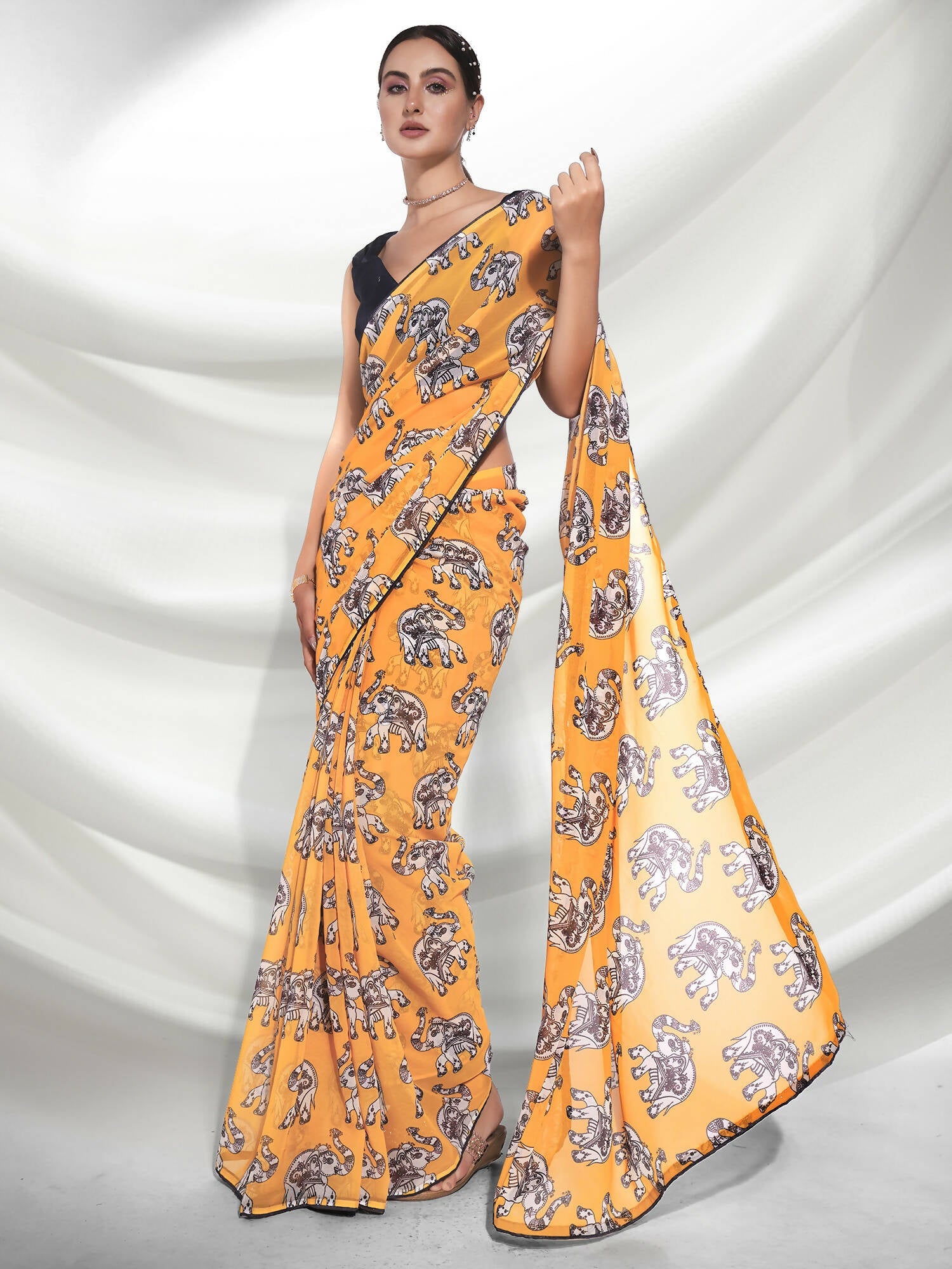 Yellow Georgette Animal Printed Saree With Unstitched Blouse Piece - Rajal | Grocsy