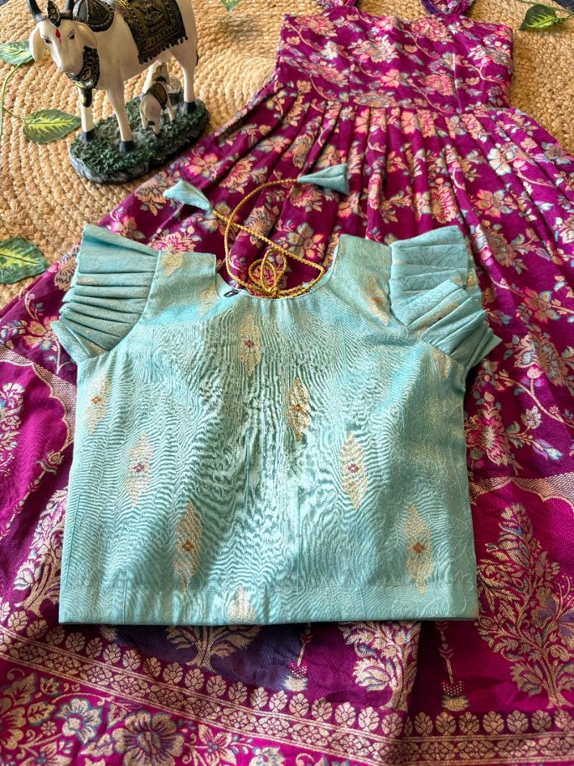 Evanik Festive Wear Magenta Dola Silk zari and thread weaving Gown With Skyblue Koti | Grocsy