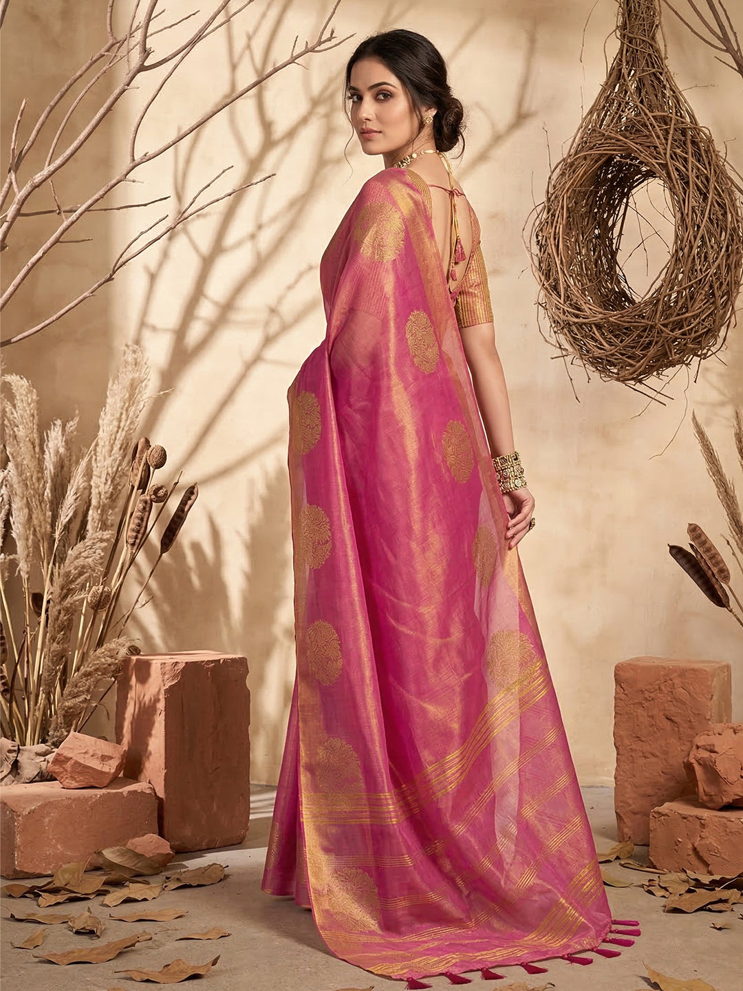 Anaita Magenta Tissue Silk Woven Saree With Blouse | Grocsy
