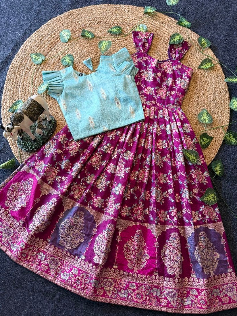 Evanik Festive Wear Magenta Dola Silk zari and thread weaving Gown With Skyblue Koti | Grocsy