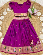 Evanik Pink Soft Silk Paithani Design Zari Weaving Pavadai Lehenga Choli For Kids | Grocsy
