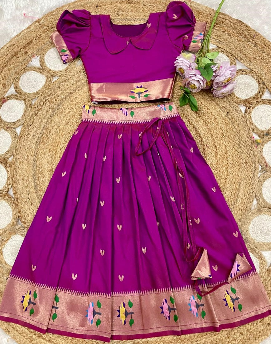 Evanik Pink Soft Silk Paithani Design Zari Weaving Pavadai Lehenga Choli For Kids | Grocsy