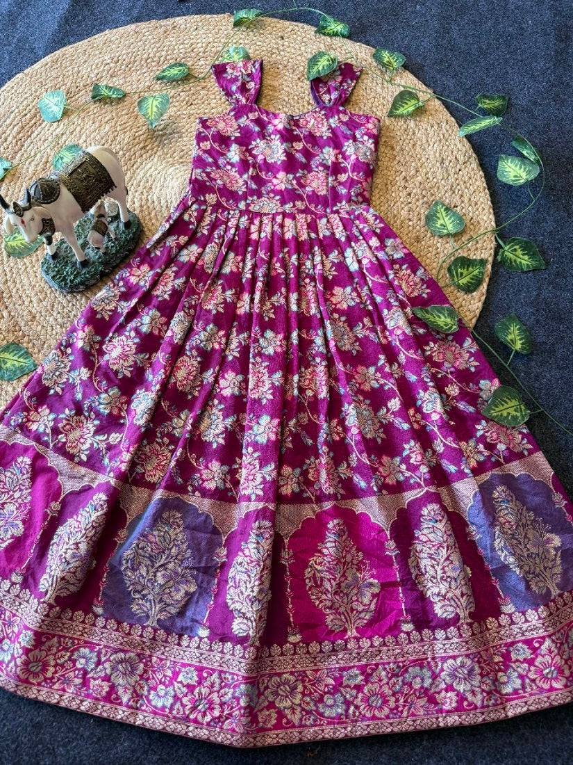 Evanik Festive Wear Magenta Dola Silk zari and thread weaving Gown With Skyblue Koti | Grocsy