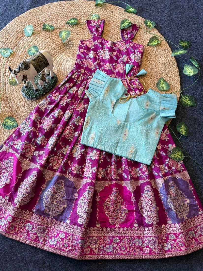 Evanik Festive Wear Magenta Dola Silk zari and thread weaving Gown With Skyblue Koti | Grocsy