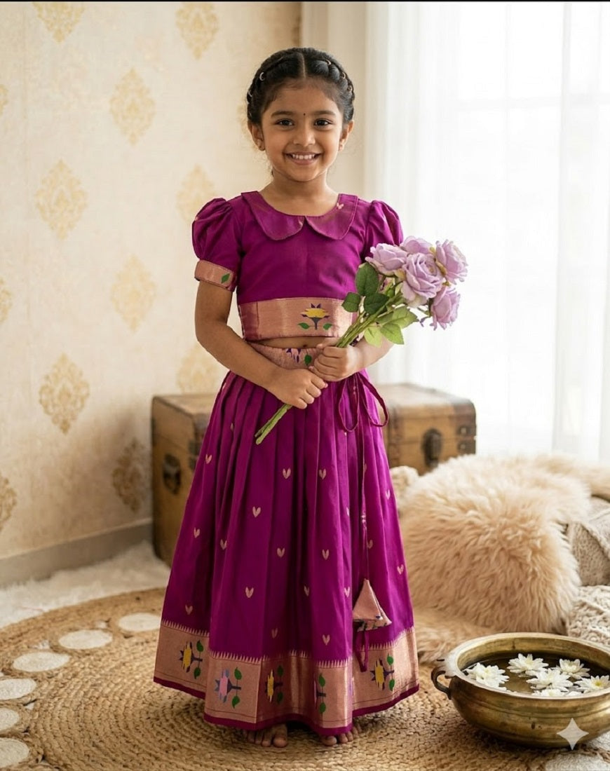 Evanik Pink Soft Silk Paithani Design Zari Weaving Pavadai Lehenga Choli For Kids | Grocsy