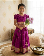Evanik Pink Soft Silk Paithani Design Zari Weaving Pavadai Lehenga Choli For Kids | Grocsy