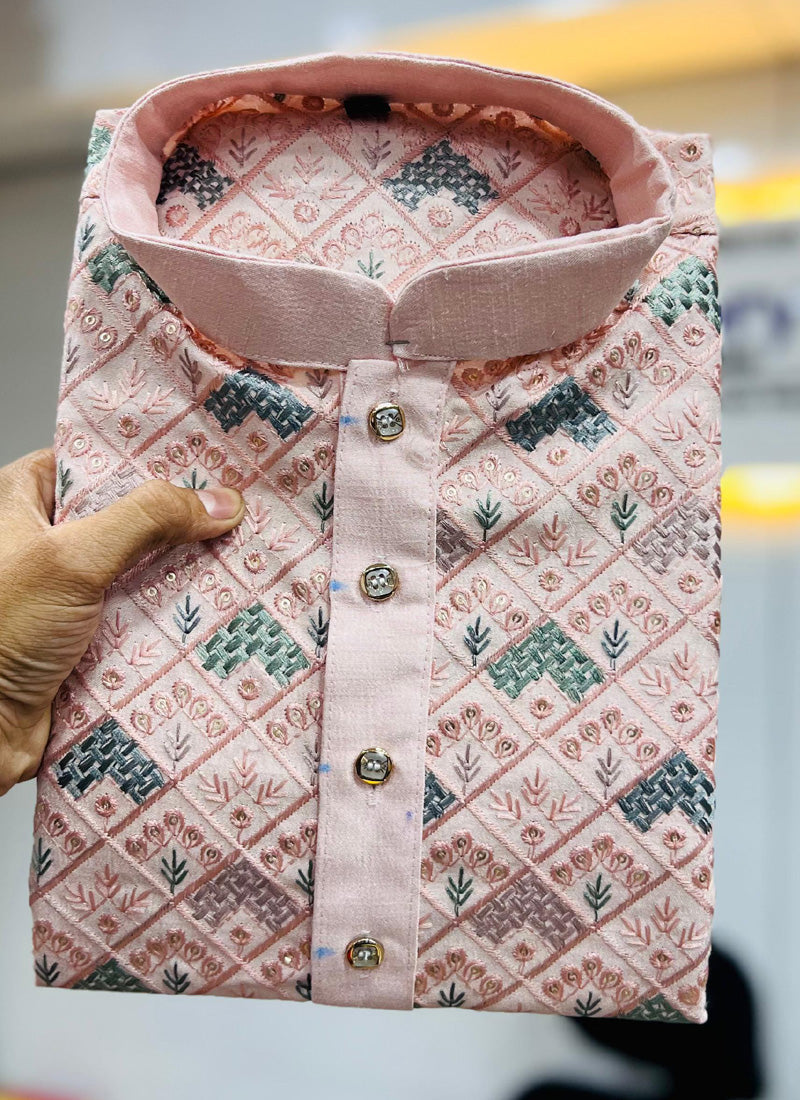 Prazu Fashion Baby Pink Italian Silk Embroidered Kurta With Pajama | Grocsy