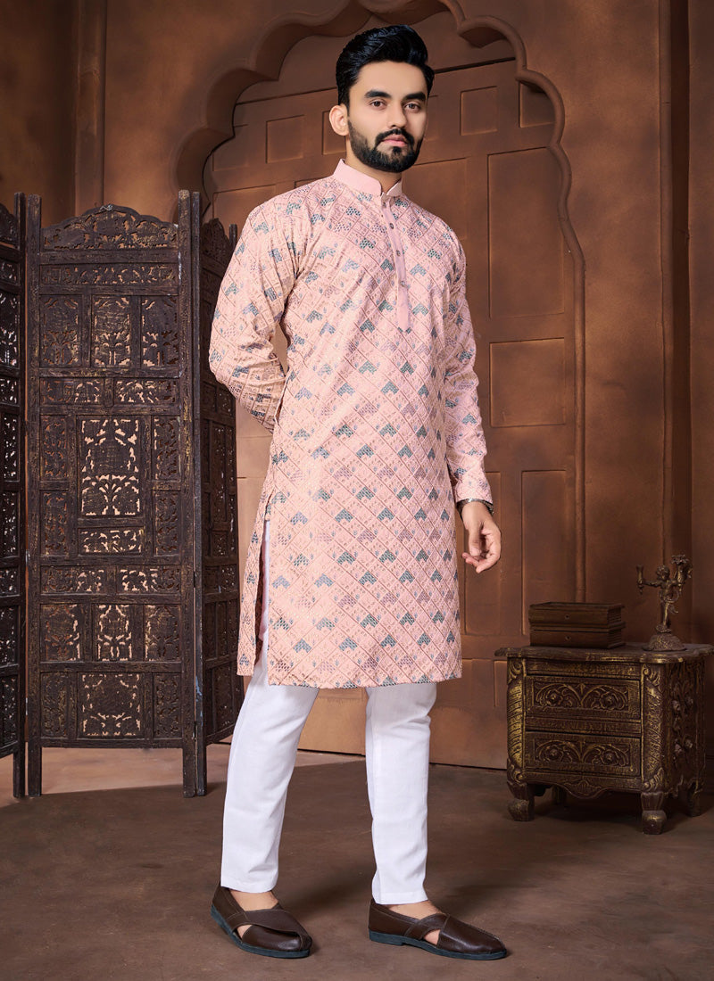 Prazu Fashion Baby Pink Italian Silk Embroidered Kurta With Pajama | Grocsy