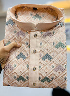 Prazu Fashion Cream Italian Silk Embroidered Kurta With Pajama | Grocsy