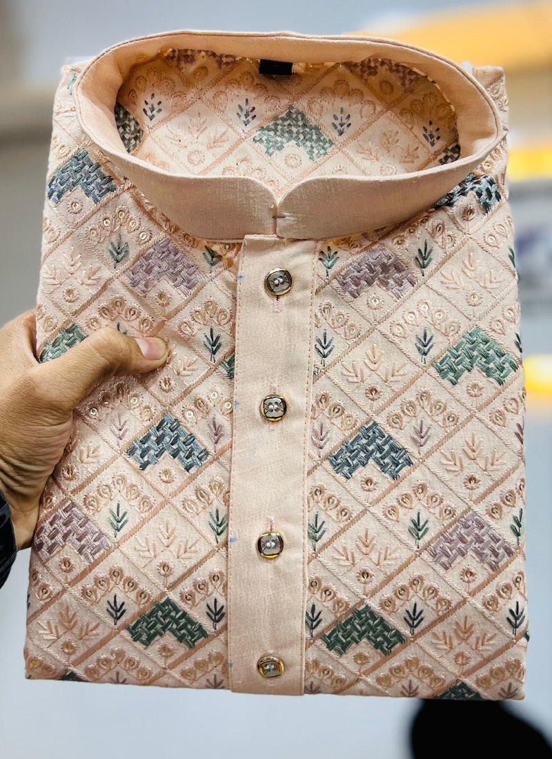 Prazu Fashion Cream Italian Silk Embroidered Kurta With Pajama | Grocsy