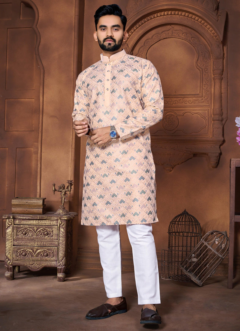 Prazu Fashion Cream Italian Silk Embroidered Kurta With Pajama | Grocsy