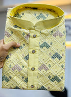 Prazu Fashion Yellow Italian Silk Embroidered Kurta With Pajama | Grocsy