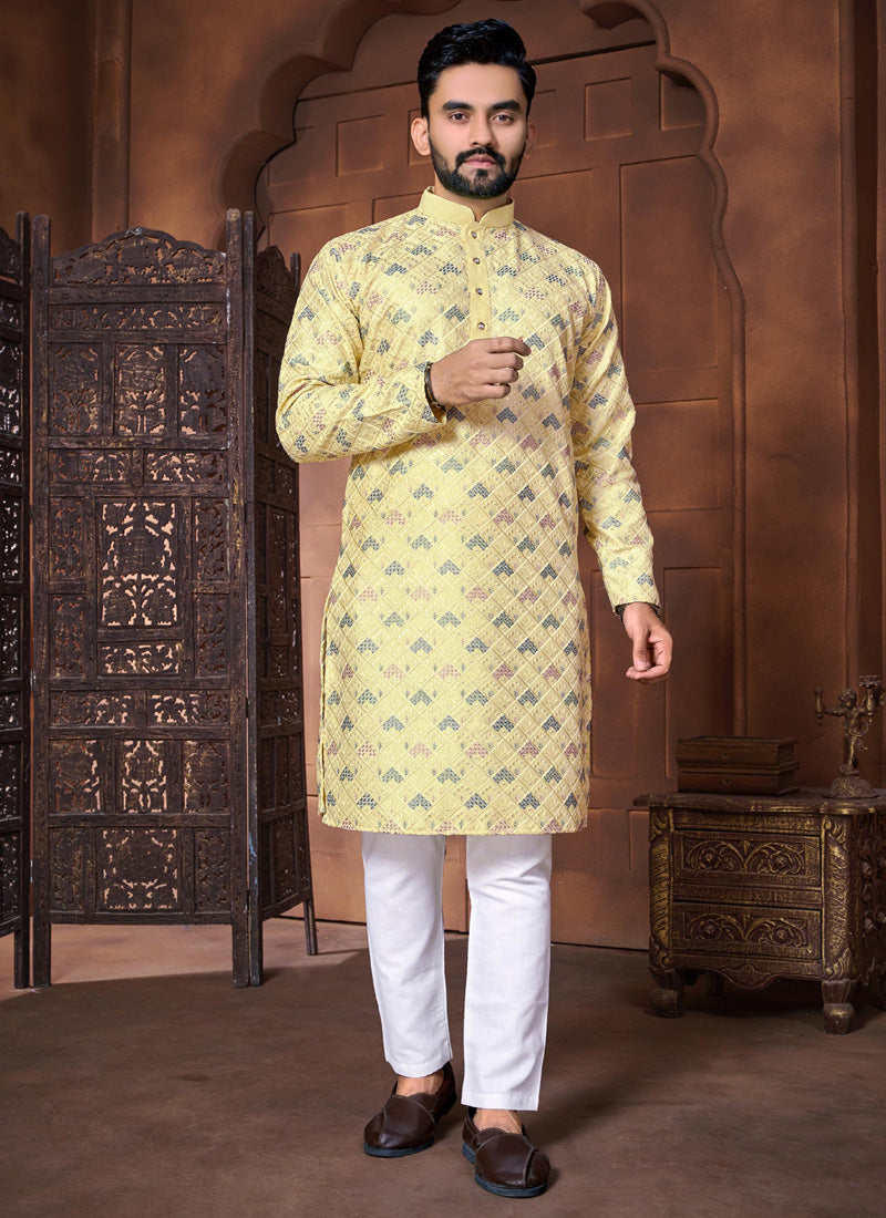 Prazu Fashion Yellow Italian Silk Embroidered Kurta With Pajama | Grocsy