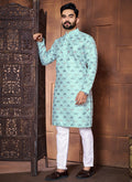 Prazu Fashion Sky Blue Italian Silk Embroidered Kurta With Pajama | Grocsy