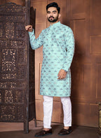 Prazu Fashion Sky Blue Italian Silk Embroidered Kurta With Pajama | Grocsy
