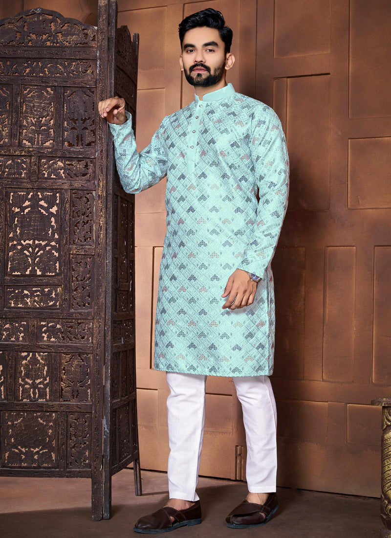 Prazu Fashion Sky Blue Italian Silk Embroidered Kurta With Pajama | Grocsy