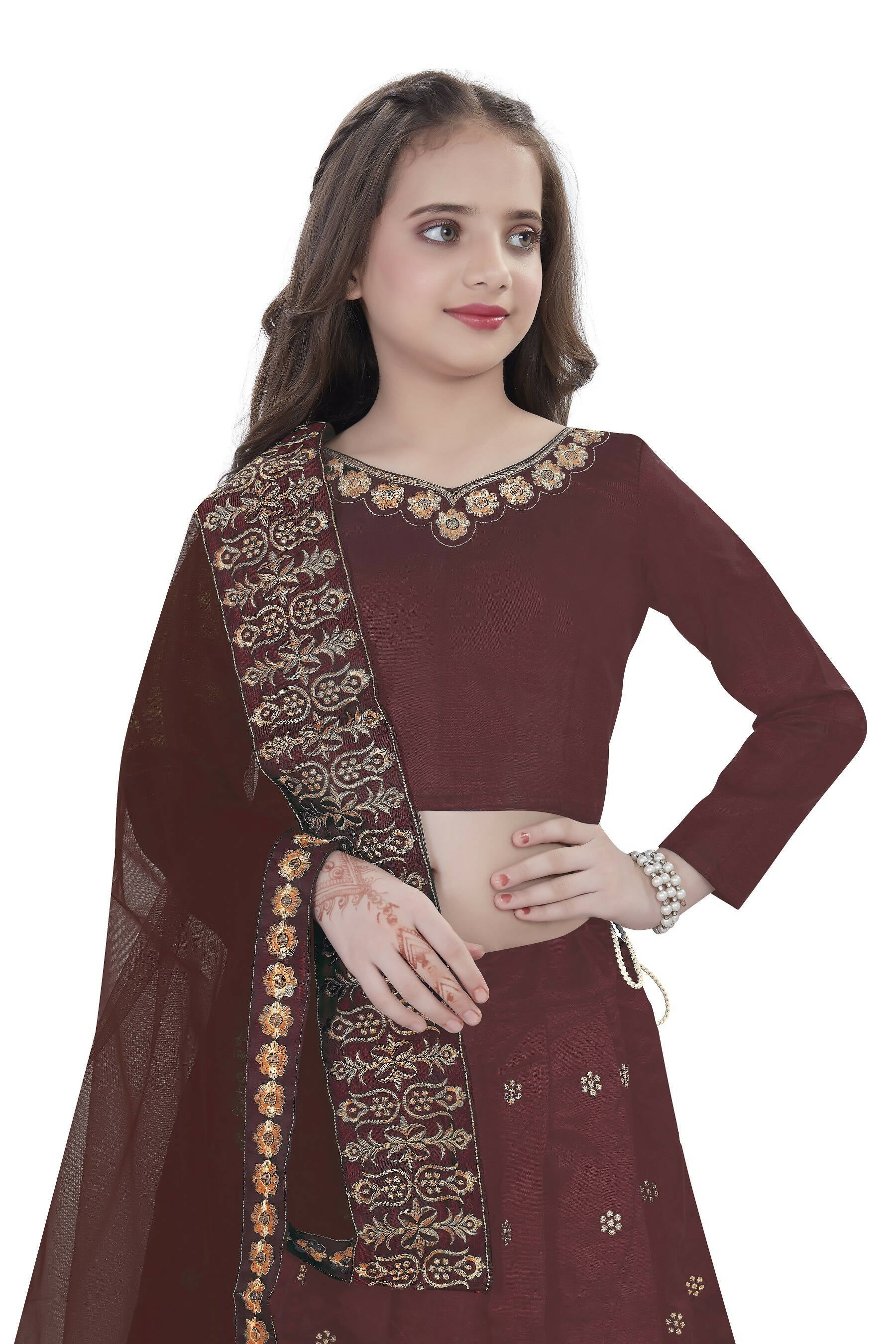 Dwiden Maroon Queen Tafetta Sattin Semi-Stitched Girl's Lehenga Choli | Grocsy