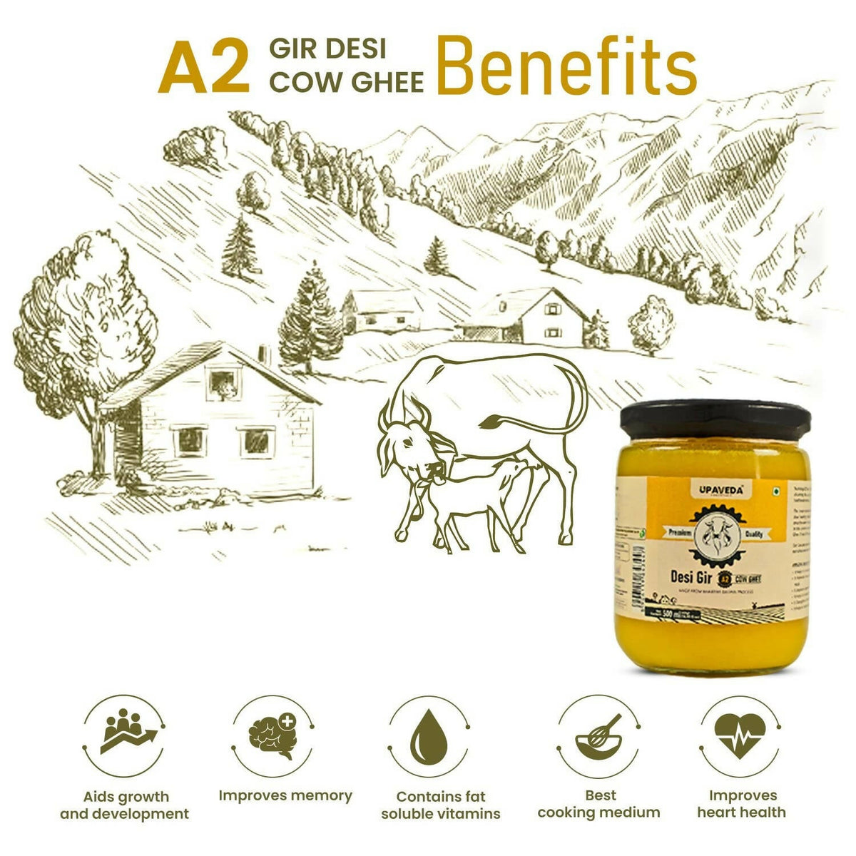 Upaveda A2 Pure Ghee| 100% Gir Cow Ghee | A2 Cow Desi Pure Ghee | Organic Grass Fed Cows | Traditional Bilona Method Ghee | Grocsy