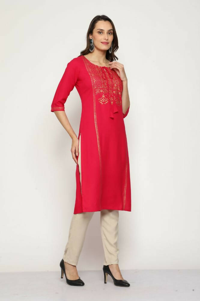 Maai Rayon Hand Printed Kurta Red | Grocsy