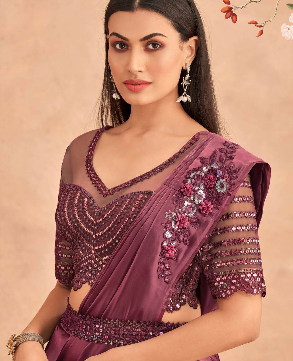 Wine Satin Embroidered Ready To Wear Saree With Unstitched Blouse Piece - Nandika | Grocsy