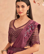 Wine Satin Embroidered Ready To Wear Saree With Unstitched Blouse Piece - Nandika | Grocsy