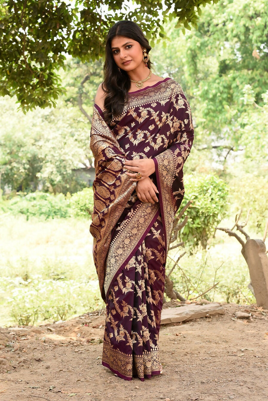 Joban Fashion Wine Banarasi Soft Pure Handloom Banarasi Silk Saree | Grocsy