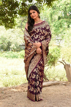 Joban Fashion Wine Banarasi Soft Pure Handloom Banarasi Silk Saree | Grocsy