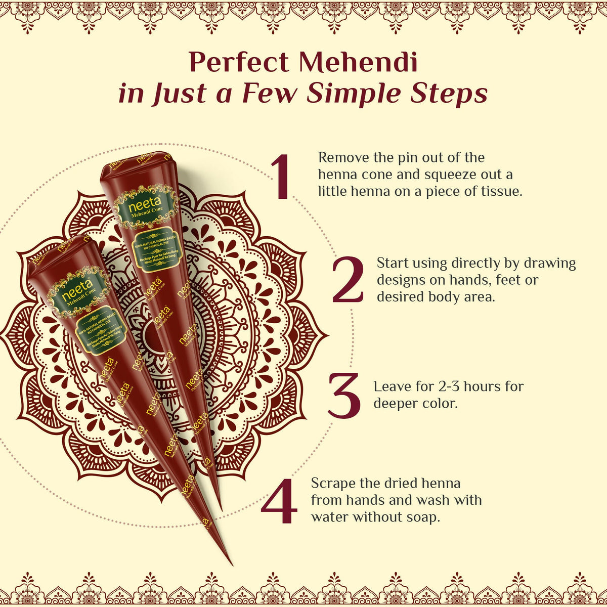 Neeta Mehendi Cone For Hand Design – 12 Henna Cones Reddish Brown | Grocsy