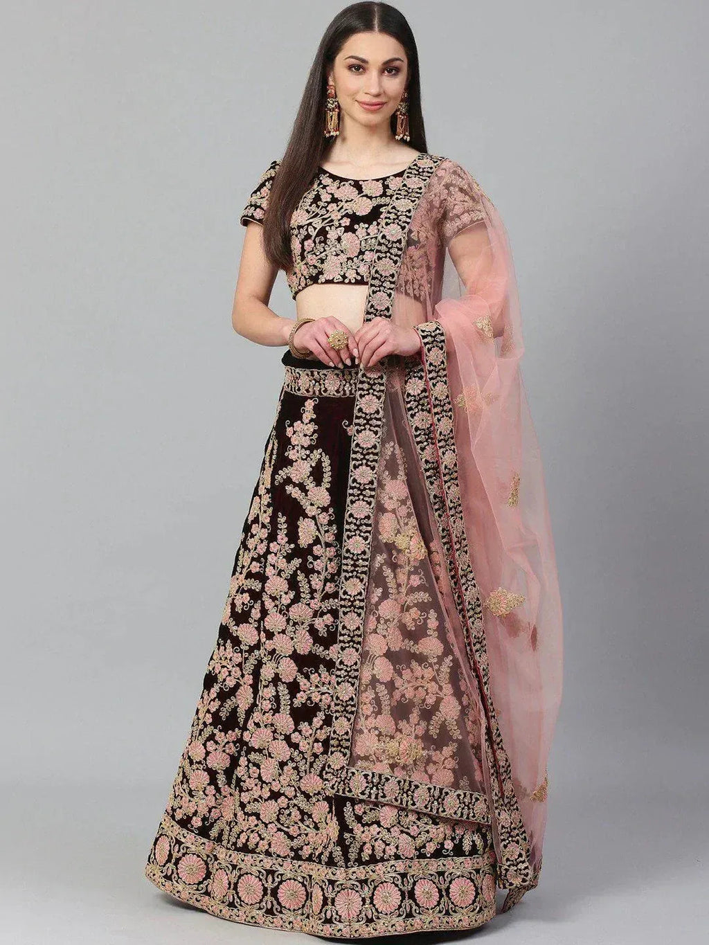 Tulsi Art Maroon & Peach-Coloured Embroidered Semi-Stitched Myntra Lehenga & Unstitched Blouse With Dupatta | Grocsy