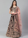 Tulsi Art Maroon & Peach-Coloured Embroidered Semi-Stitched Myntra Lehenga & Unstitched Blouse With Dupatta | Grocsy