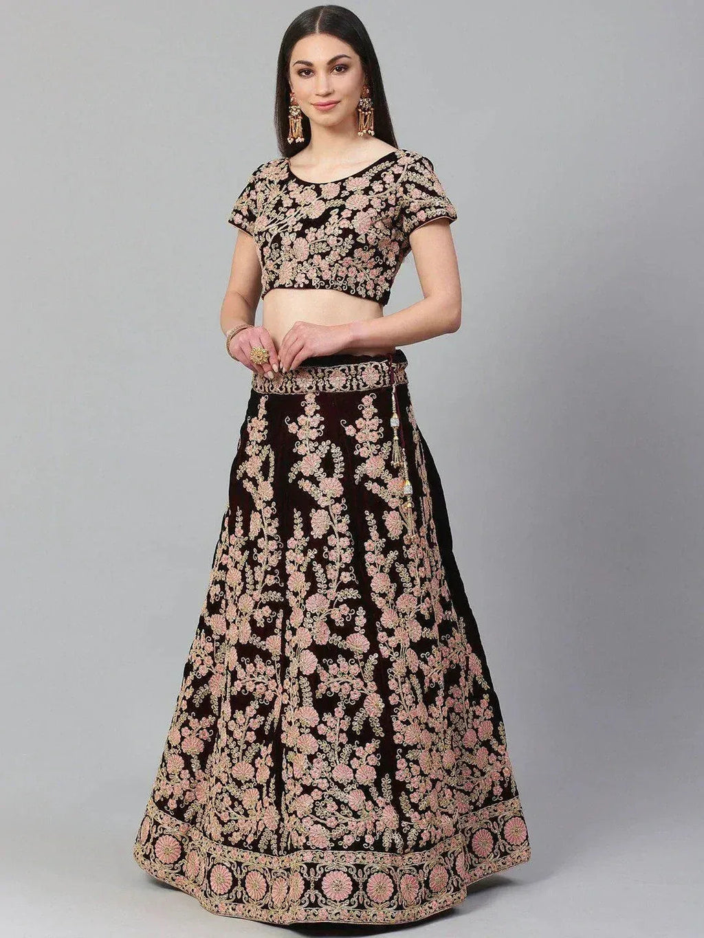 Tulsi Art Maroon & Peach-Coloured Embroidered Semi-Stitched Myntra Lehenga & Unstitched Blouse With Dupatta | Grocsy