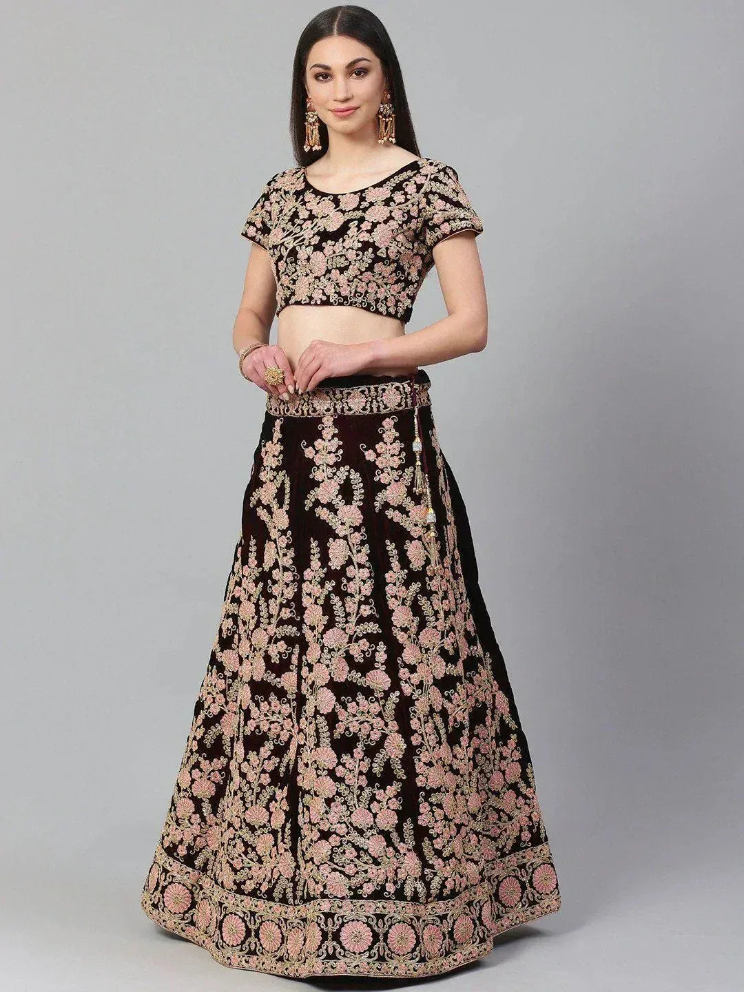 Tulsi Art Maroon & Peach-Coloured Embroidered Semi-Stitched Myntra Lehenga & Unstitched Blouse With Dupatta | Grocsy