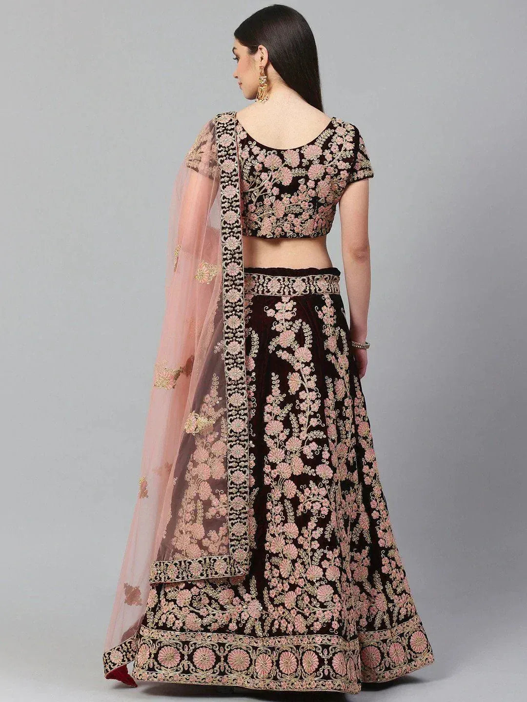 Tulsi Art Maroon & Peach-Coloured Embroidered Semi-Stitched Myntra Lehenga & Unstitched Blouse With Dupatta | Grocsy