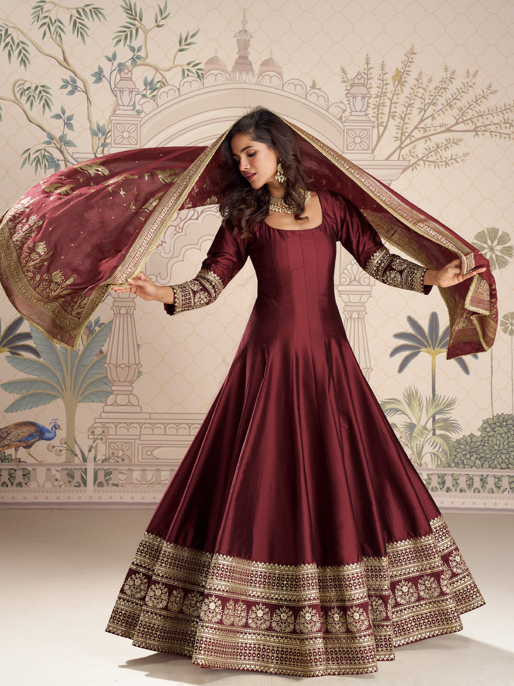 Evanik Women Maroon Embroidered Design Wedding Gown with Dupatta | Grocsy