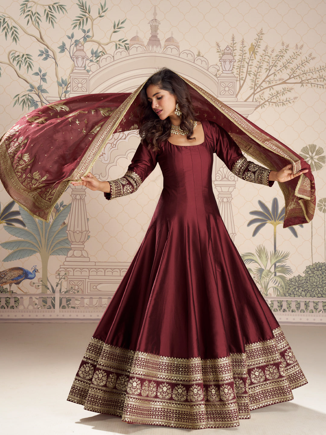 Evanik Women Maroon Embroidered Design Wedding Gown with Dupatta | Grocsy