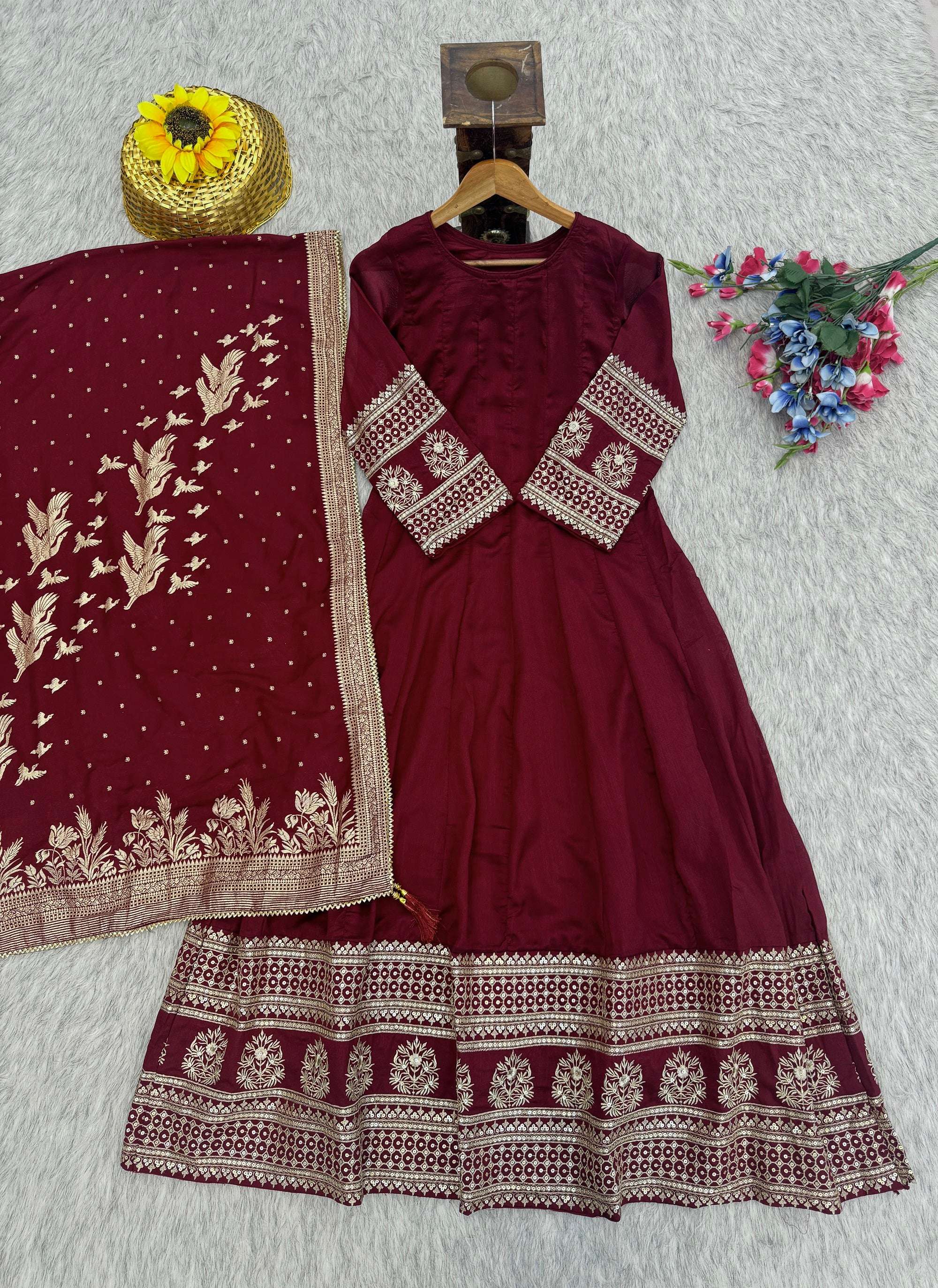 Evanik Women Maroon Embroidered Design Wedding Gown with Dupatta | Grocsy