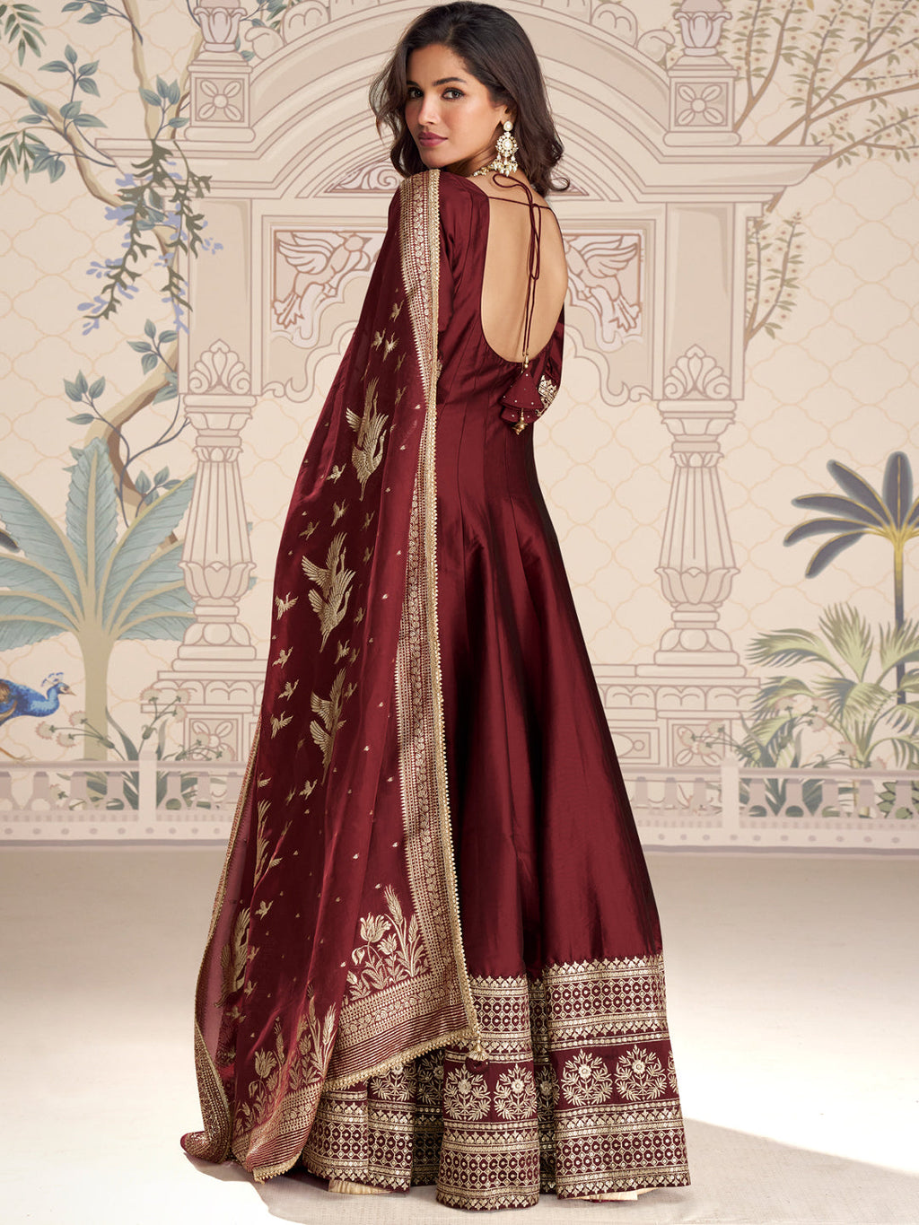 Evanik Women Maroon Embroidered Design Wedding Gown with Dupatta | Grocsy