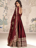 Evanik Women Maroon Embroidered Design Wedding Gown with Dupatta | Grocsy